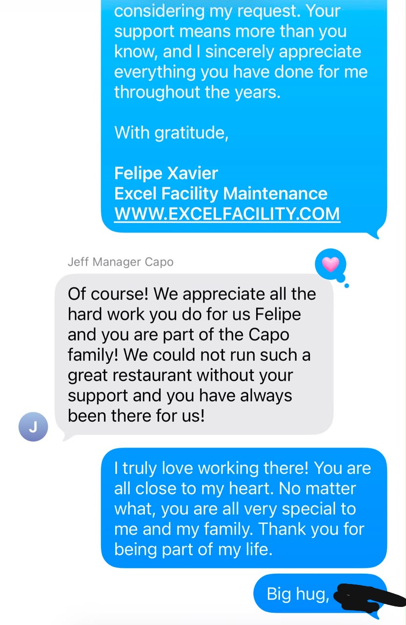 Restaurant manager message calling Excel Facility part of the Capo family